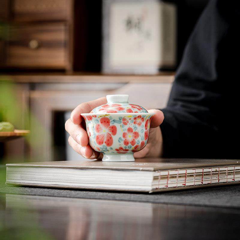手绘仿古满彩桃花小盖碗家用陶瓷茶具单个不烫手三才泡茶碗女精致,餐饮具,盖碗,淘宝优惠券,粉丝福利购,淘宝优惠卷