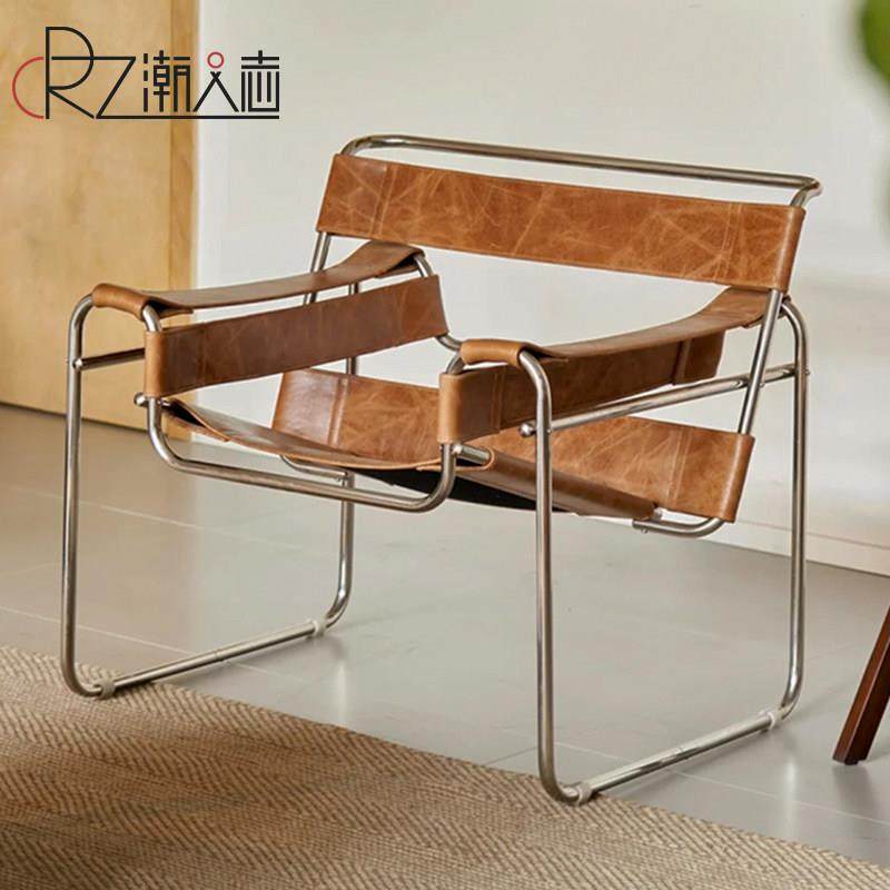 瓦西里椅子网红ins设计师单人椅轻奢高级马鞍皮中古不锈钢休闲 椅
