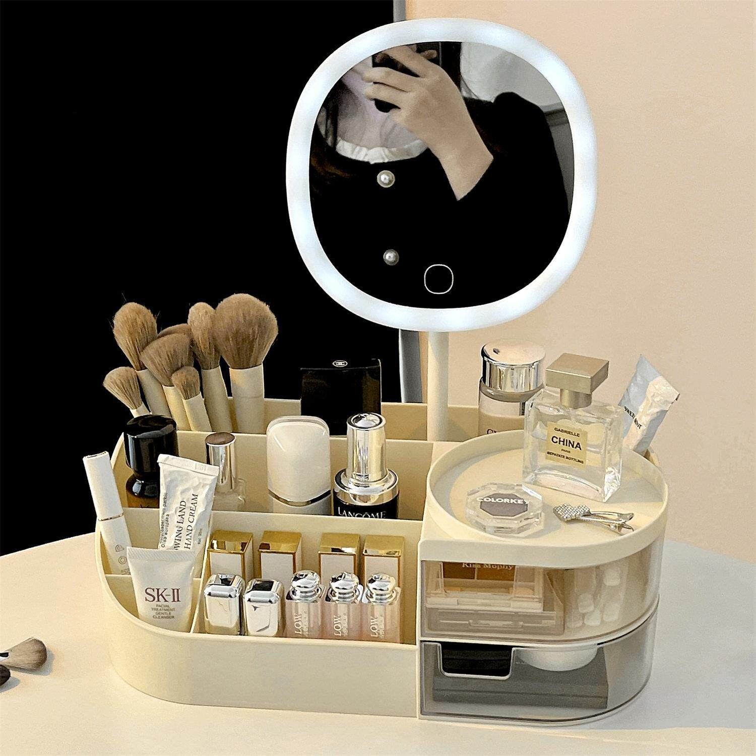 桌面LED化妆镜学生宿舍收纳盒一体带镜子桌面台式可立补光小镜子