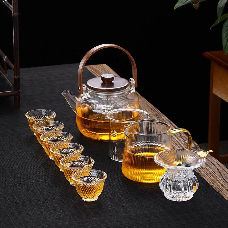 包邮整套条纹茶具套装办公室耐热玻璃提梁壶中式功夫煮茶茶壶礼盒