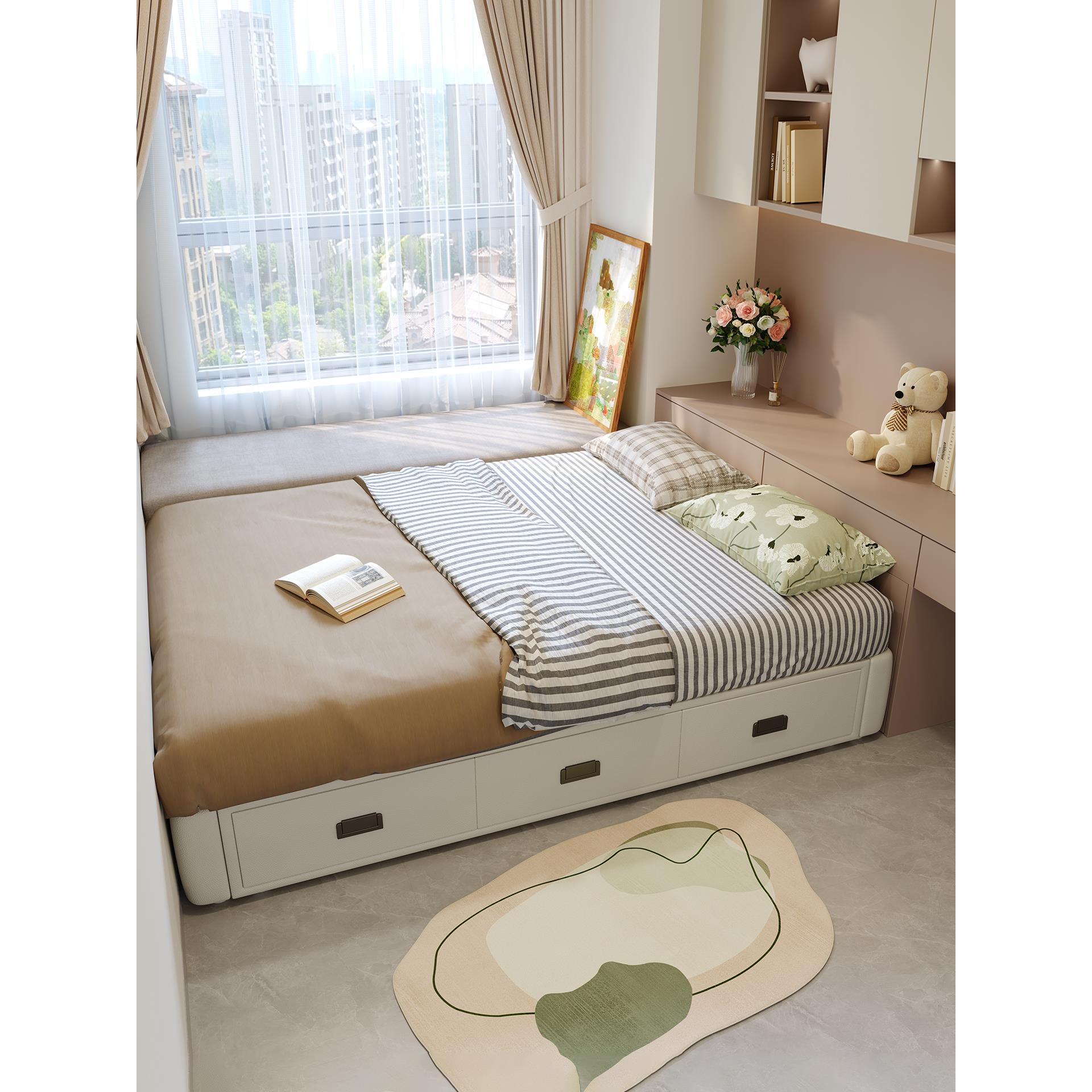 榻榻米落地床全榉木排骨架无床头无床头实木床带抽屉储物床悬浮床