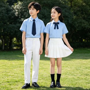 儿童短袖蓝色衬衫抗皱女童衬衣小学生朗诵合唱演出服西装短裤套装