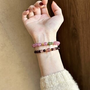 2026普陀山天然石榴石粉水晶手串女和田玉桃花文创串珠送女友手链