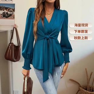 优雅V领系带收腰纯色气质衬衫 时尚 上衣 上新法式 2026欧美跨境春季