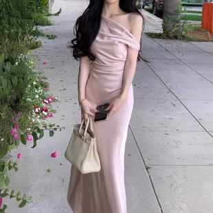 2025新款【比弗利娇妻】荡领斜肩连衣裙法式气质女三色收腰鱼尾裙