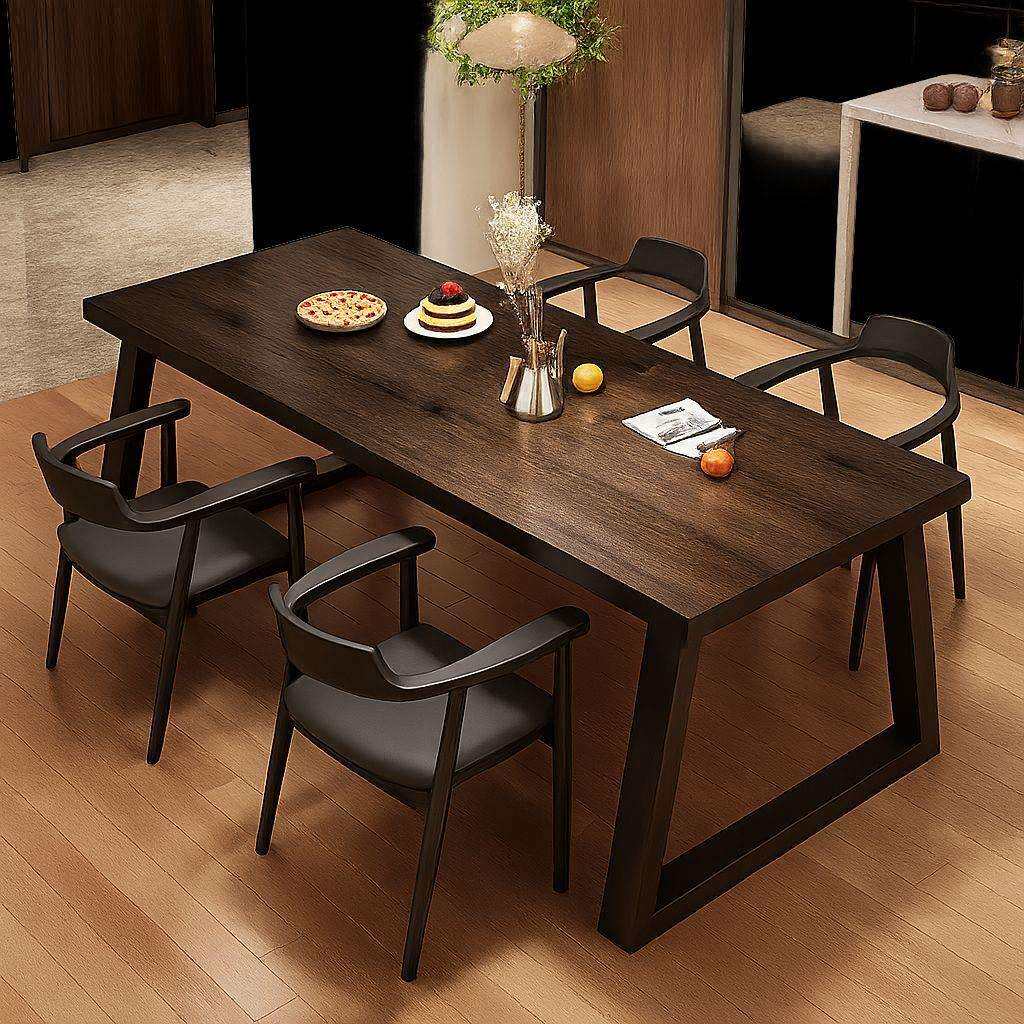 中古风餐桌家用客厅饭桌实木腿餐桌椅组合高端长方形黑胡桃色桌子