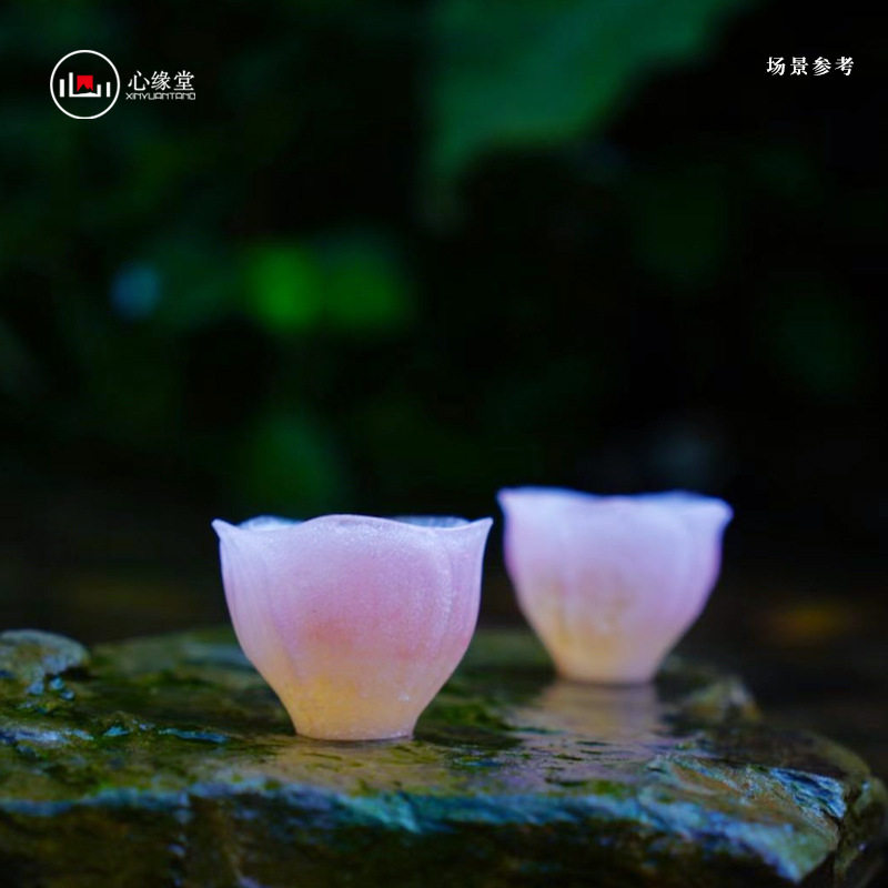 心缘堂琉璃酒器酒杯 芙蓉笑粉彩粉色花型冷饮杯分酒器套装 酸奶杯