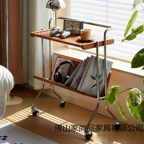 可移动茶几床头樱桃木书架中古小推车实木边几置物架客厅沙发复古