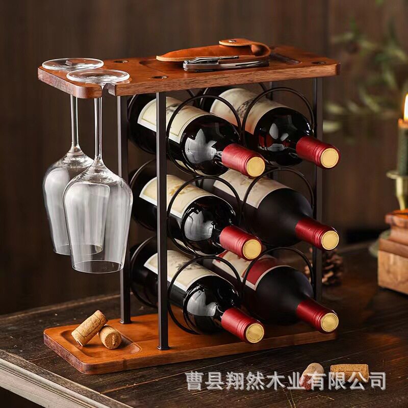 跨境木质红酒架铁木结合红酒酒杯收纳架家用红酒展示架酒具储物架