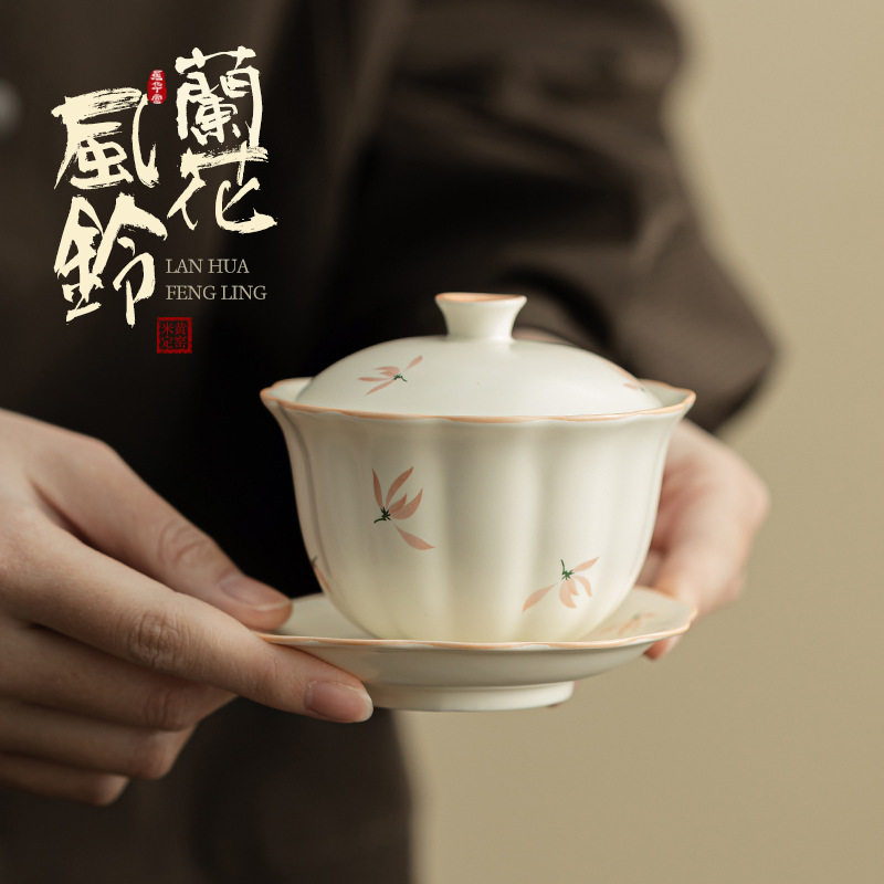 兰花风铃花口花苞盖碗中式家用大容量功夫泡茶碗手绘陶瓷三才盖碗