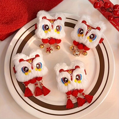 2 Pcs Chinese Style Lion Dance Hair Clips,Plush Animal Tass