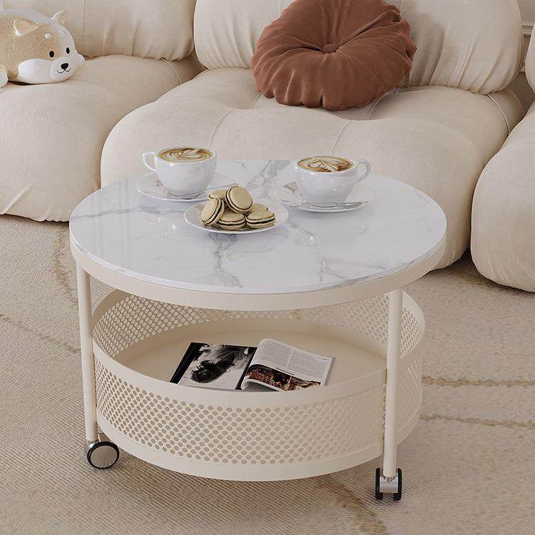网红奶油风法式岩板茶几客厅家用现代简约小户型可移动带轮小圆桌