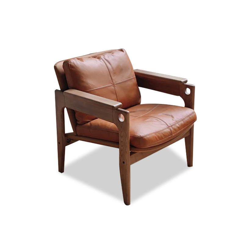 北欧实木单人沙发椅设计师高端客厅阳台书房休闲椅棕色真皮扶手椅