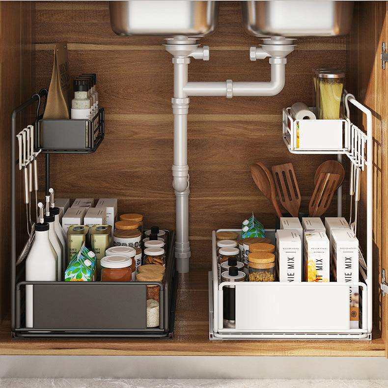新款厨房水槽下置物架家用多功能侧拉下水槽架收纳架黑色调料架子