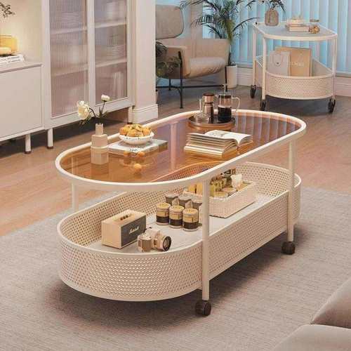 可移动茶几现代小户型椭圆客厅奶油茶几侧边带轮玻璃可移动收纳桌