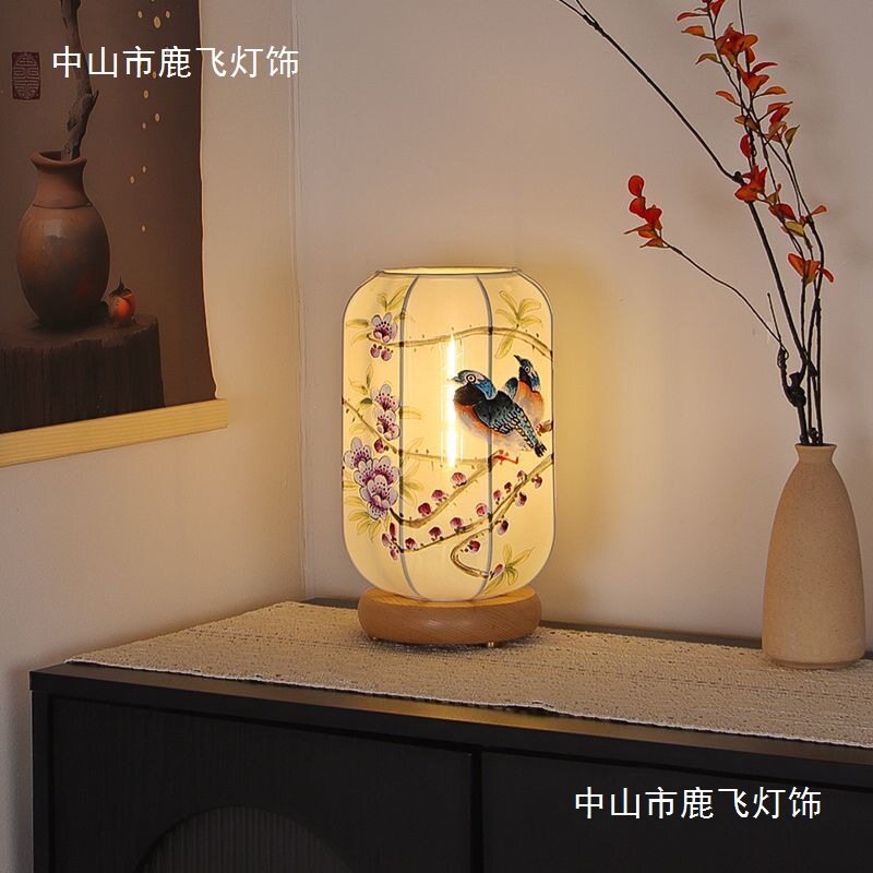 宋代美学手工绘画喜鹊布艺台灯卧室床头沙发白蜡木落地装饰氛围灯
