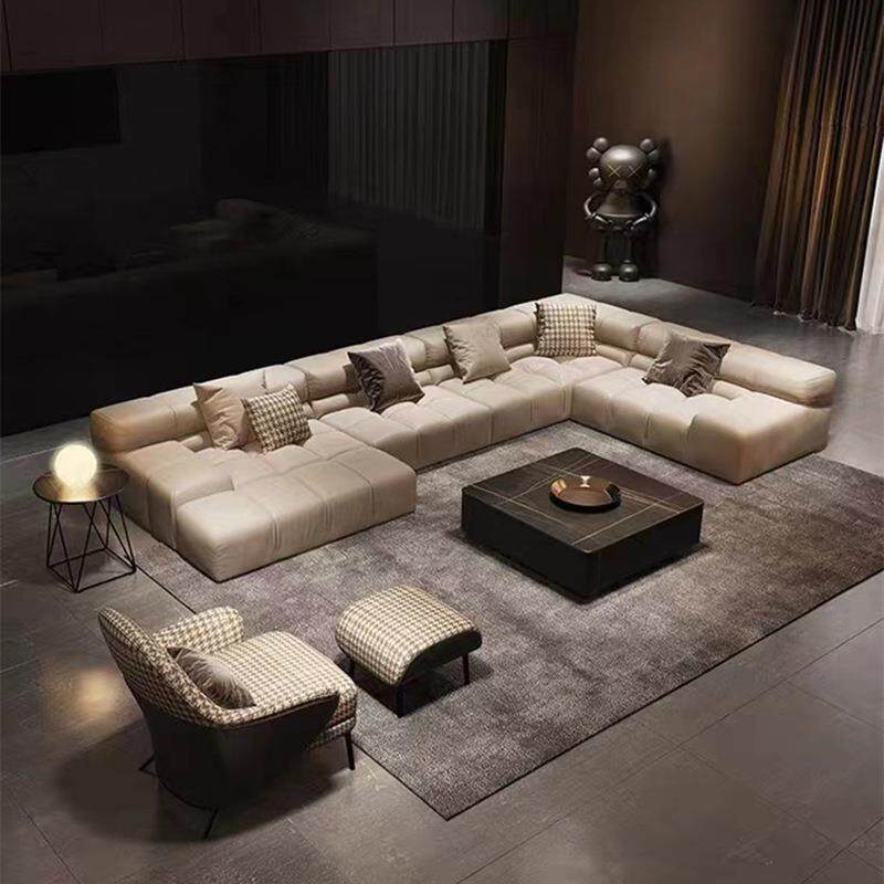 意式极简泡芙磨砂绒布沙发客厅轻奢真皮沙发L型贵妃位别墅大平层