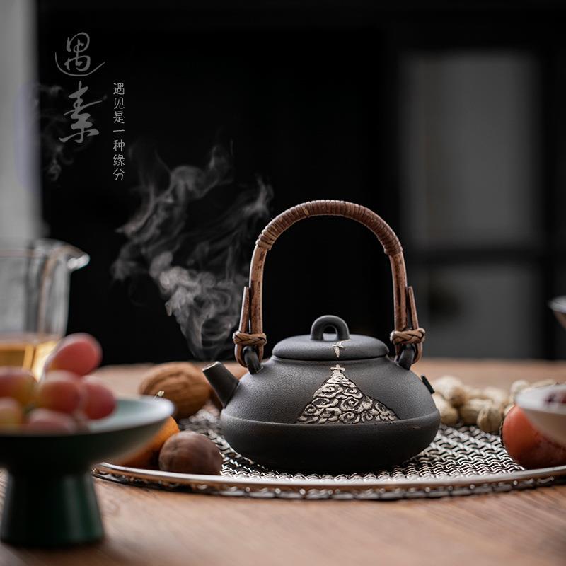 复古陶瓷提梁壶围炉煮茶器家用炭火明火煮茶壶带过滤粗陶单壶陶壶