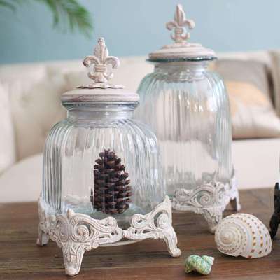 [艾丽娅]美式乡村复古装饰器皿摆件欧式玻璃储物罐瓶子铸铁艺底座