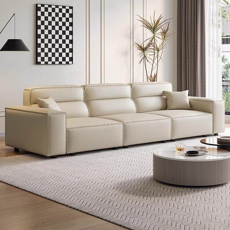 豆腐块高靠背真皮沙发意式极简小户型客厅奶油风猫抓布直排沙发