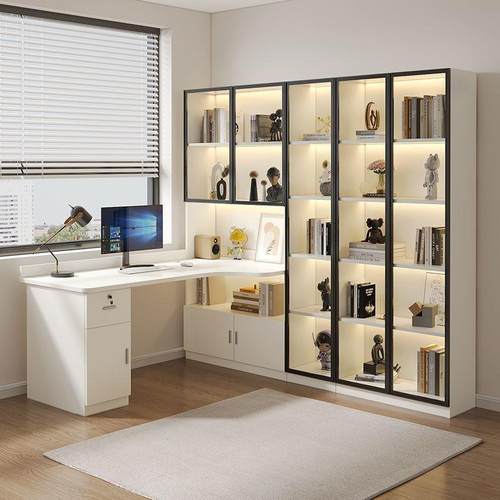 实木转角电脑桌台式家用学生写字桌带书柜桌子简约书桌书架一体桌