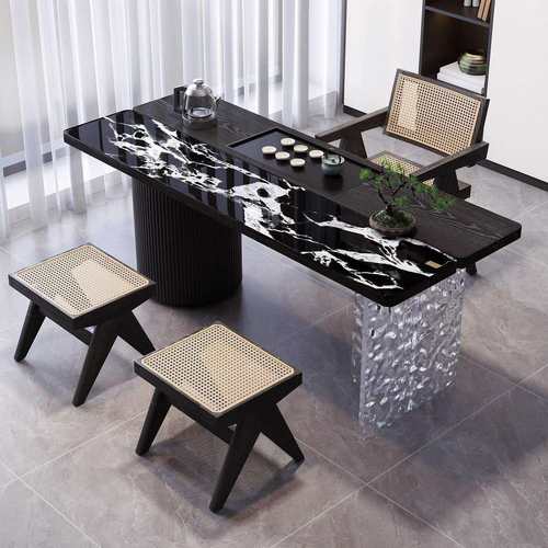 创意阳台岩板实木茶桌椅组合家用办公室茶台原木泡茶桌烧水壶一体