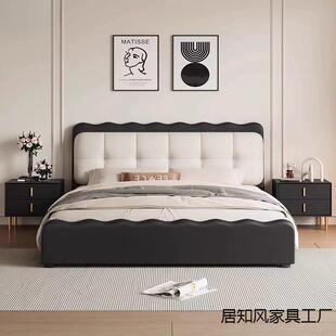 法式复古床主卧室黑色真皮床意式涟漪床现代简约复古风软包双人床
