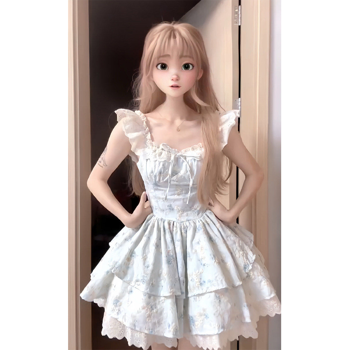 樱织花翎1/4吋套筒扳手袖温柔碎花洋装女夏日绝美公主蛋糕裙收腰