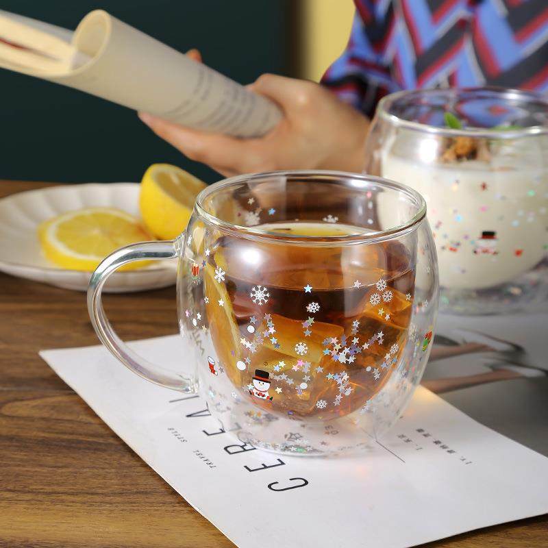 明尚德双层玻璃杯圆形杯子卡通水杯牛奶咖啡杯隔热跨境热销