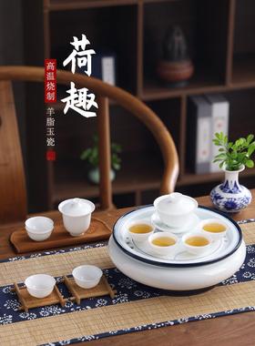高端羊脂玉陶瓷白色潮汕茶具套装简约手绘荷花圆茶船托盘整套送礼