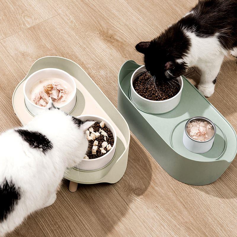 尾巴联萌 创意月半陶瓷双碗宠物碗 高脚猫碗保护颈椎狗碗猫咪用品