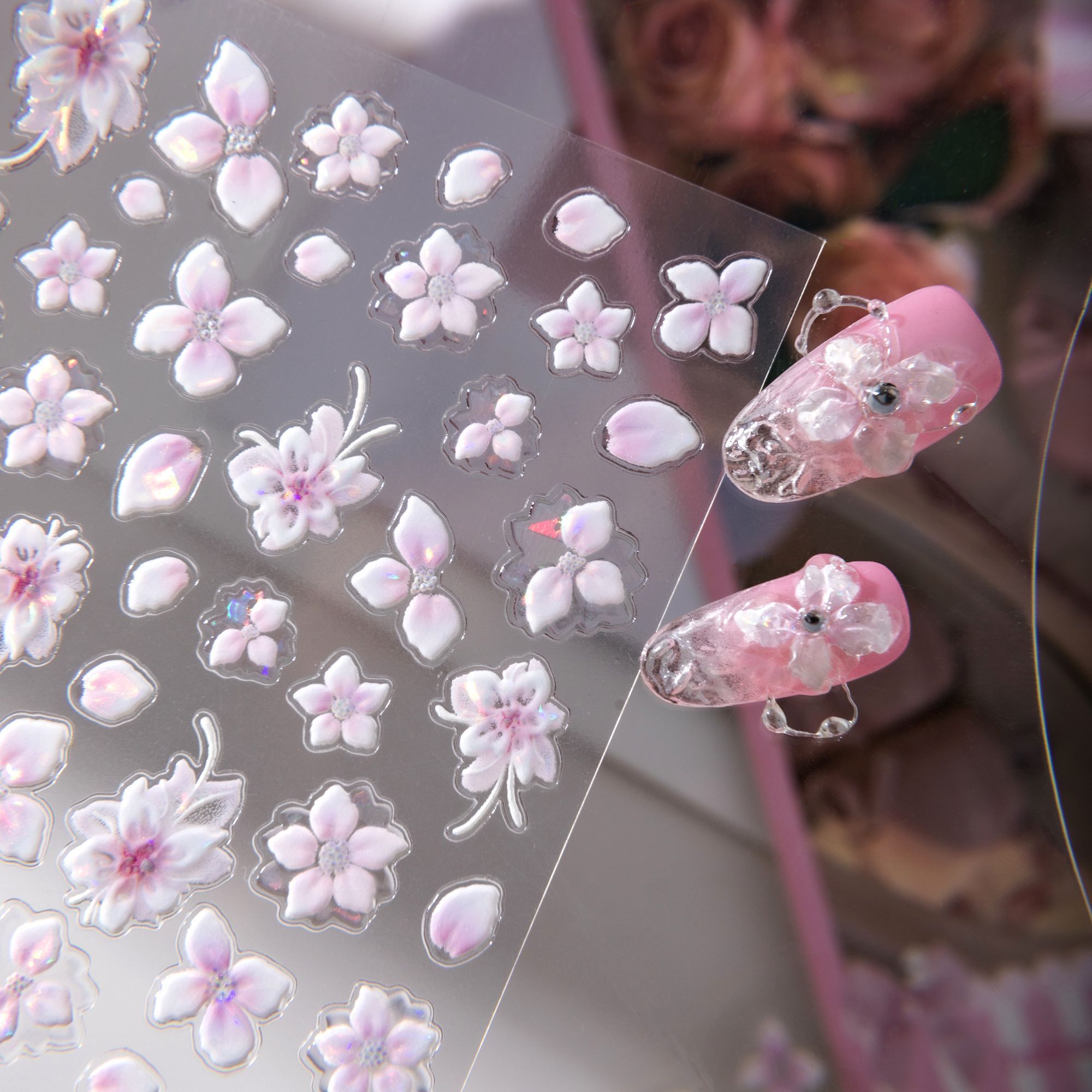 原创新款梦幻樱花立体浮雕美甲贴
