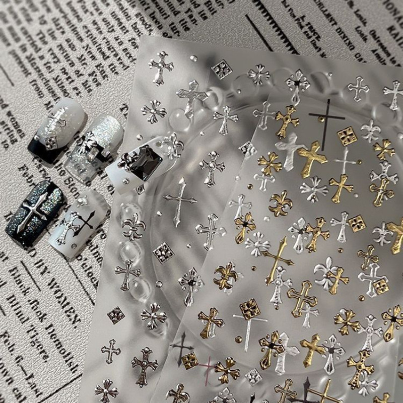高级复古辣妹金属银色烫金美甲贴纸定制十字架美甲diy酷哥y2k指甲,彩妆/香水/美妆工具,指甲装饰,淘宝优惠券,粉丝福利购,淘宝优惠卷