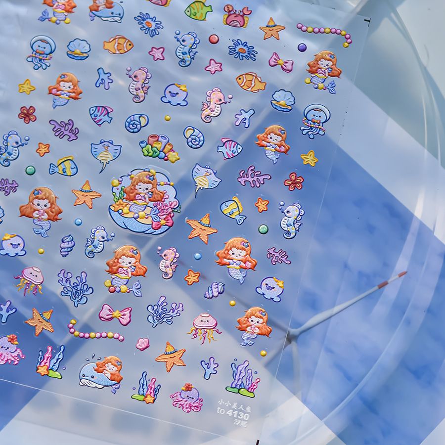 可爱美甲贴纸卡通海洋世界水母海马美人鱼海星人鱼姬小图案指甲