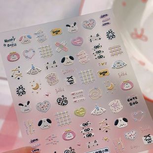 音乐小狗卡通美甲贴纸可爱网格爱心蝴蝶结浮雕diy指甲3d立体贴纸