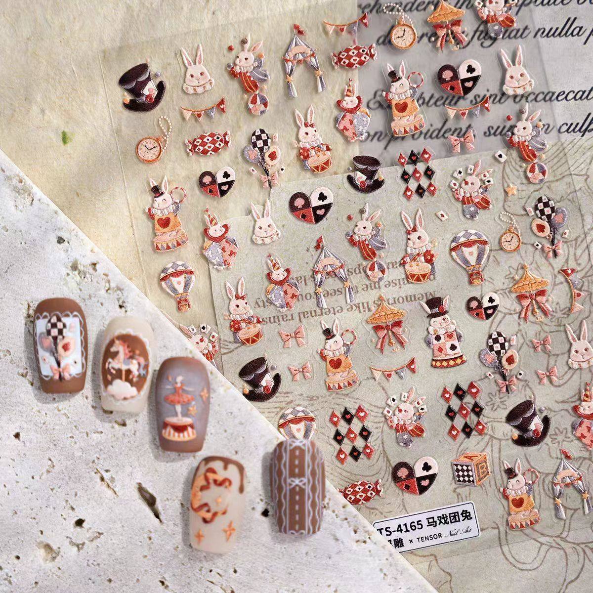 新款马戏团兔兔美甲贴纸立体浮雕可爱卡通帽子兔兔背胶DIY指甲贴,彩妆/香水/美妆工具,指甲装饰,淘宝优惠券,粉丝福利购,淘宝优惠卷