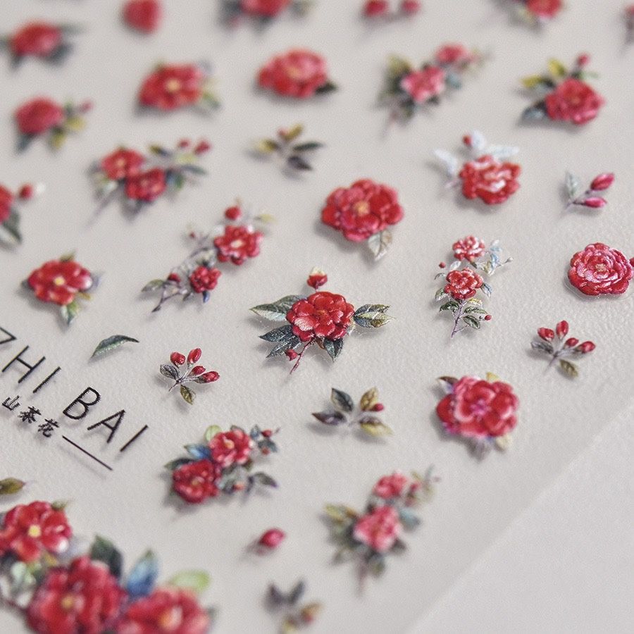 新中式浮雕山茶花美甲贴纸国风古典复古红色妖艳山茶花指甲装饰贴