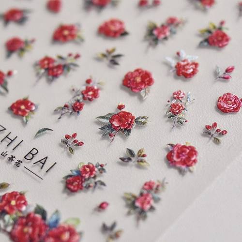 浮雕山茶花美甲贴纸国新中式饰贴