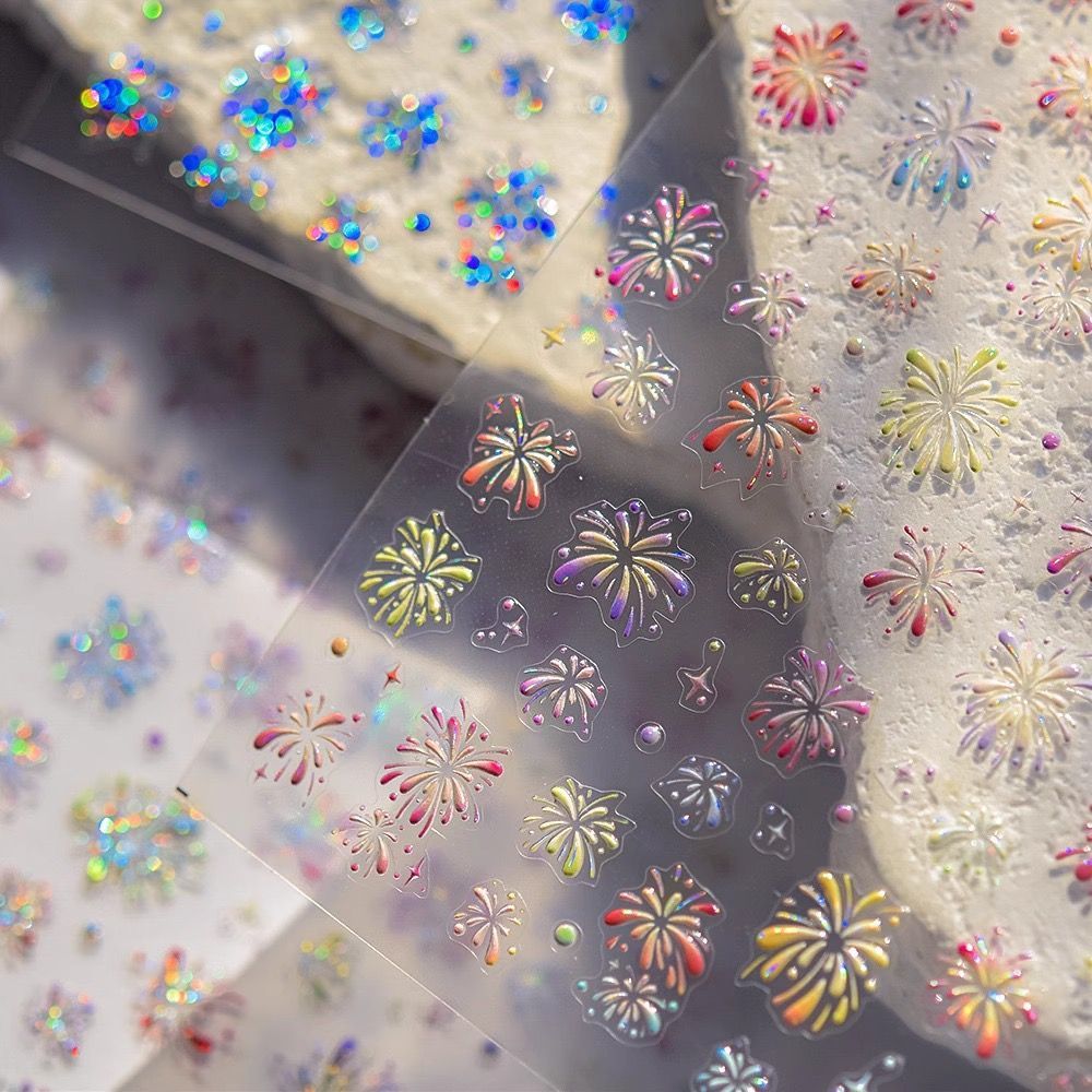 网红爆款绚烂新年彩色烟花图案美甲猫眼贴纸浮雕背胶指甲装饰品