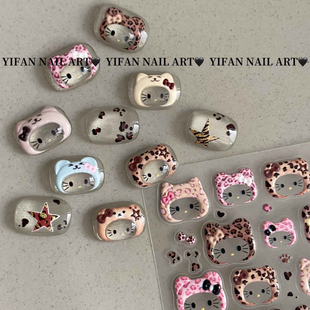 豹纹Kitty立体果冻头套大拇指Kitty美甲贴纸俏皮卡通背胶立体贴