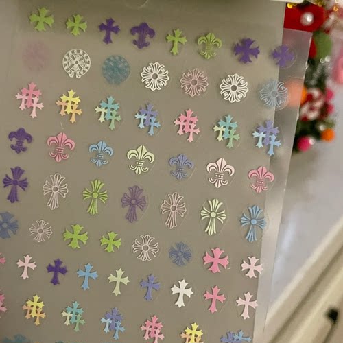 马卡龙克罗心彩色十字架美甲贴纸