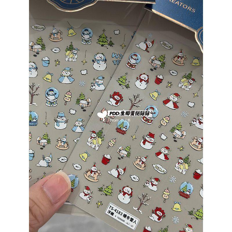新款ins卡通暖冬圣诞立体雪人平安夜浮雕冬日美甲贴背胶可爱指甲