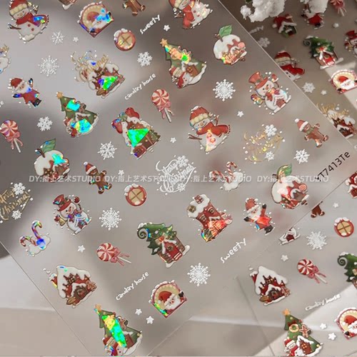 冬日新款圣诞屋浮雕美甲贴纸立体雪人圣诞节雪屋胶背指甲贴装饰品