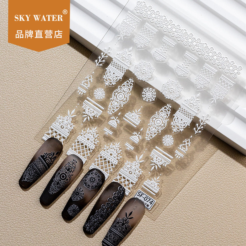 Sky复古图腾黑白红蕾丝美甲贴纸