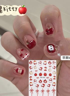 红色新年手绘涂鸦苹果kitty美甲贴纸可爱童趣防水立体指甲背胶贴