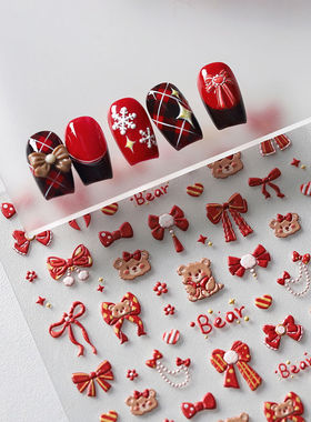 新年可爱红色小熊蝴蝶结浮雕美甲贴纸立体花朵学生笔杆水杯指甲贴