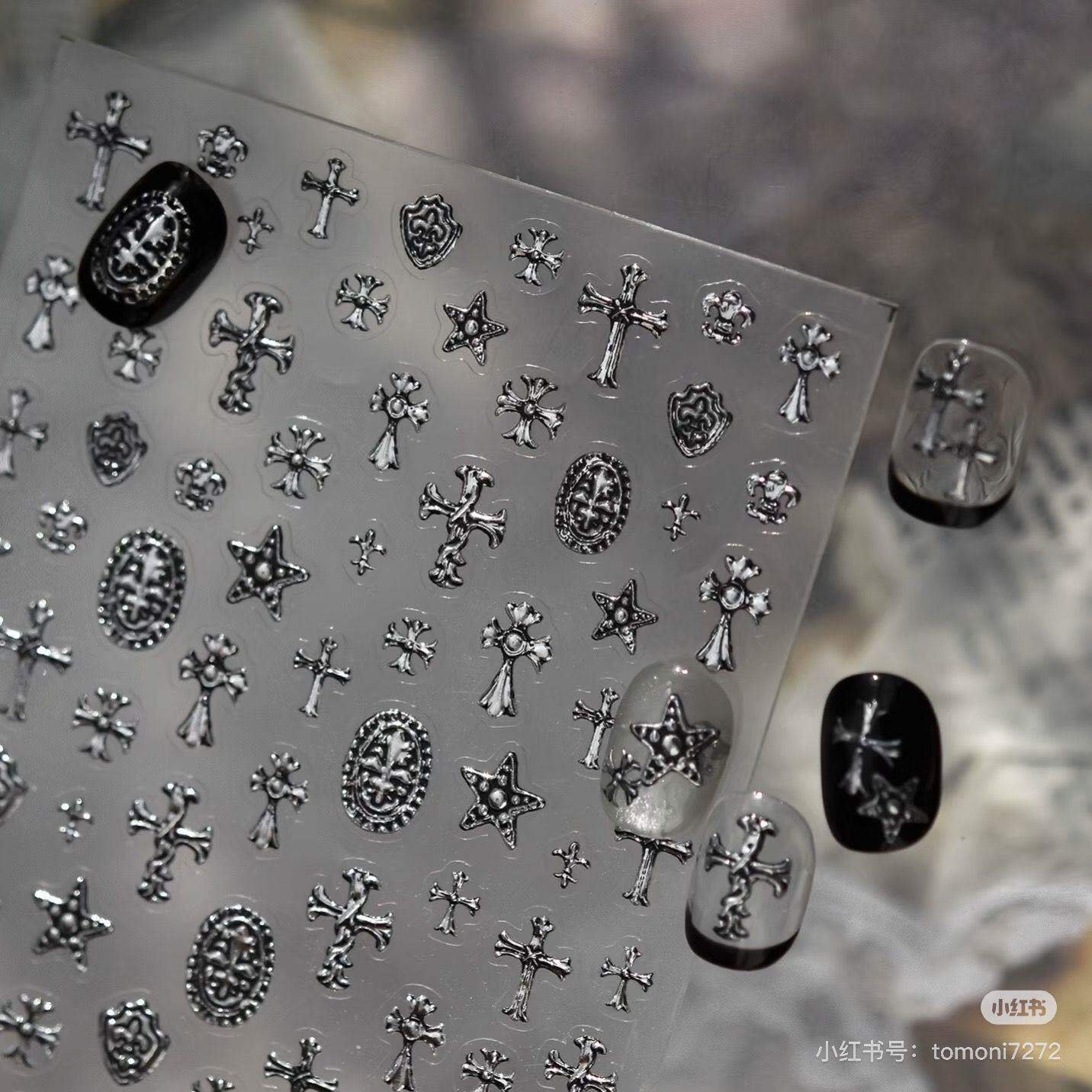 新款金属美甲贴纸暗黑系风指甲贴高级感中古十字架美甲辅助贴纸