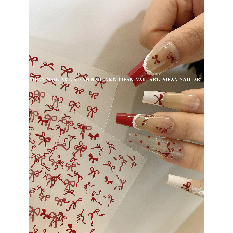 新年纯欲高级感红色飘带蝴蝶结防水美甲贴纸diy圣诞节节日喜庆,彩妆/香水/美妆工具,指甲装饰,淘宝优惠券,粉丝福利购,淘宝优惠卷