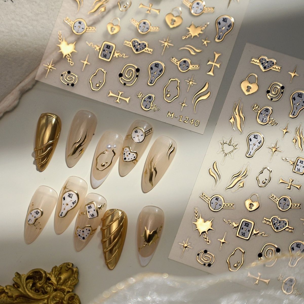 烫金复古钟表轻奢星芒美甲贴纸