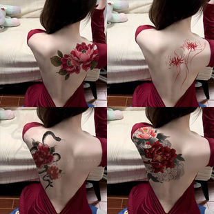 国风牡丹花彩色纹身贴女防水持久后肩可水洗背部高颜值肩膀遮疤痕